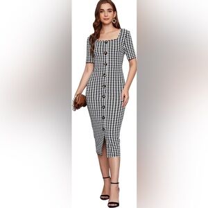 Dress hounds tooth pattern black white black button body con